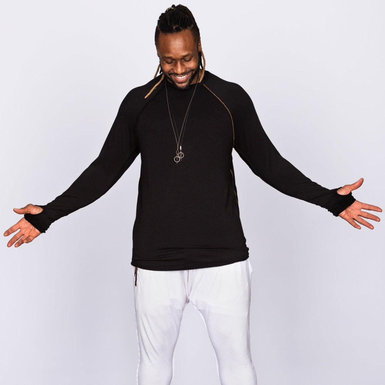 Male modeling black long sleeve raglan