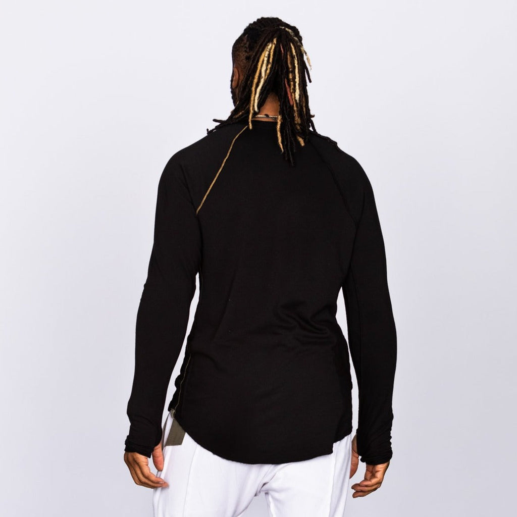 Male modeling black long sleeve raglan