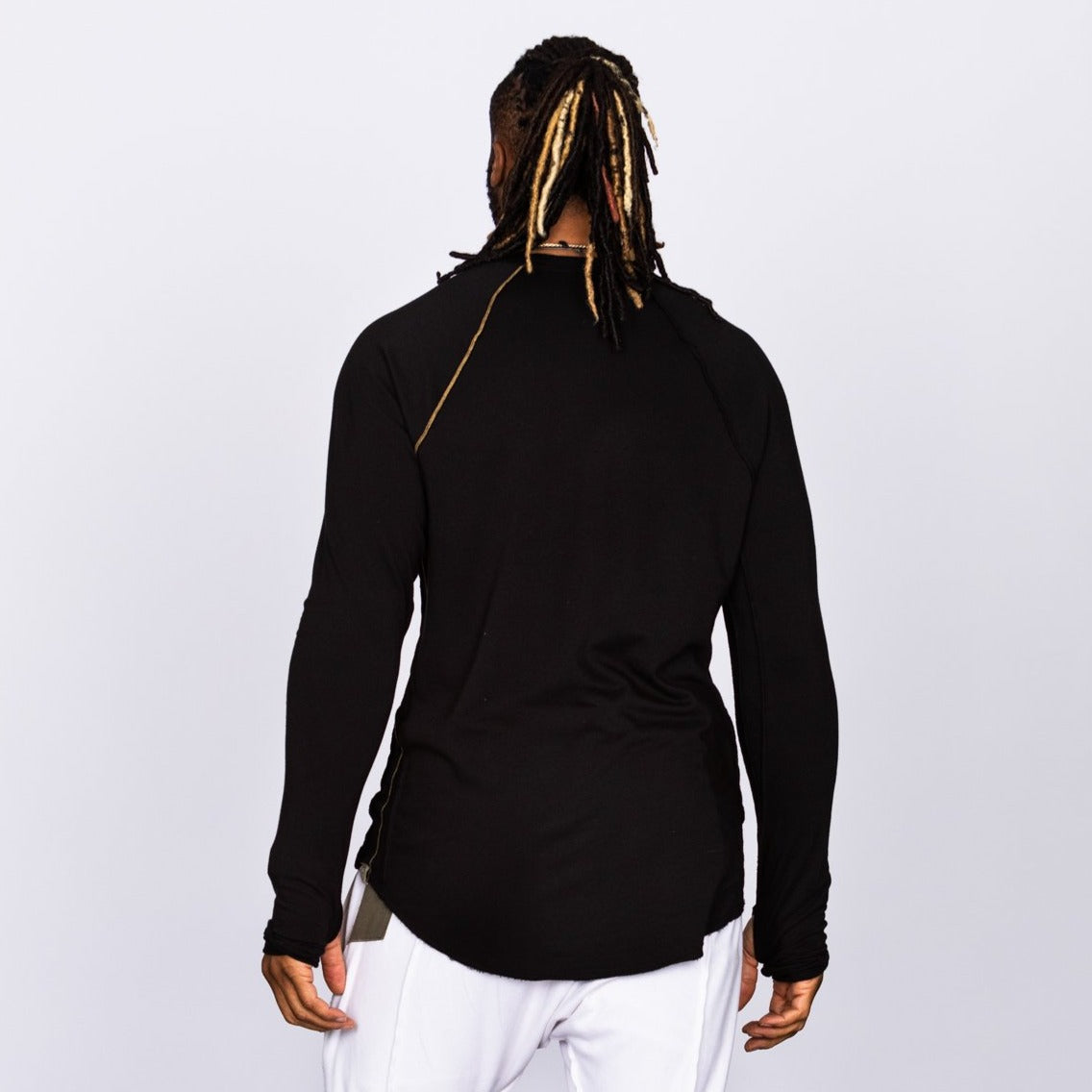 Male modeling black long sleeve raglan