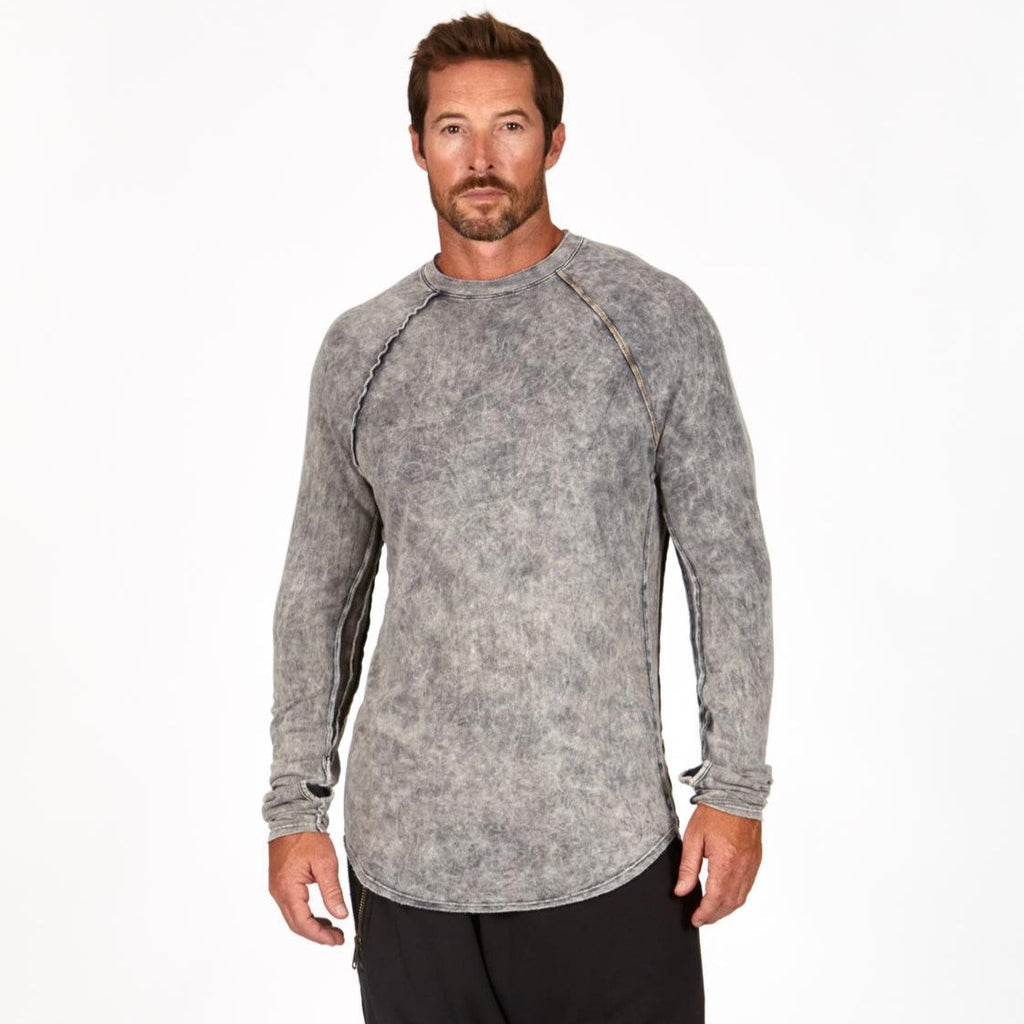 Male modeling mineral wash long sleeve raglan