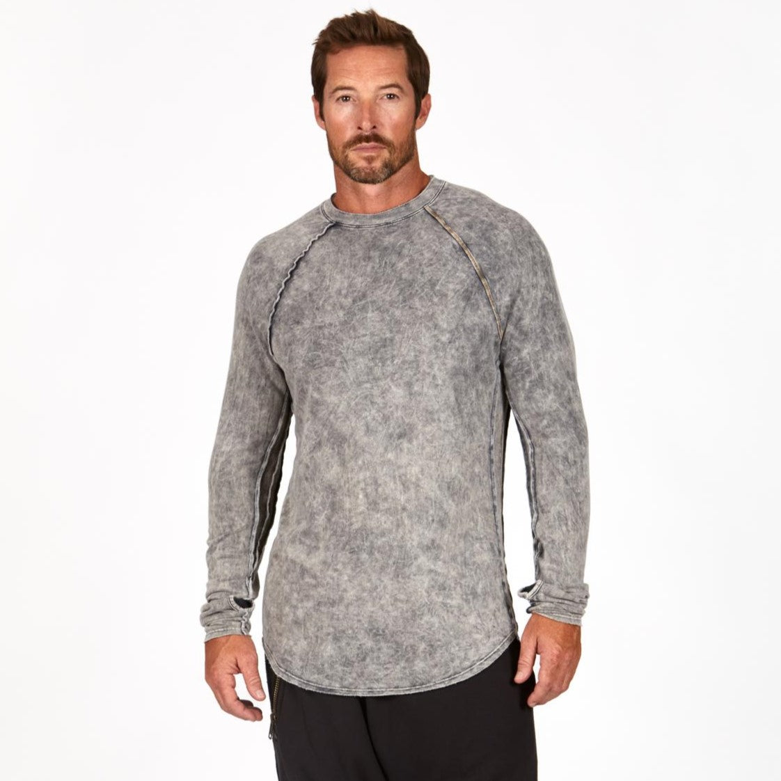 Male modeling mineral wash long sleeve raglan