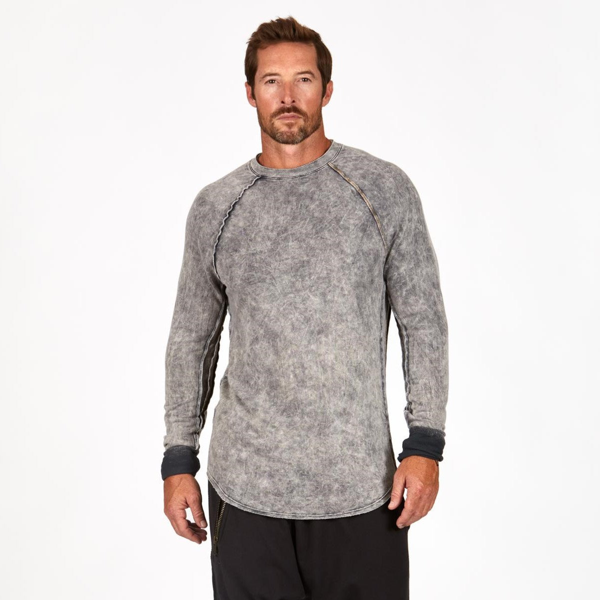 Male modeling mineral wash long sleeve raglan