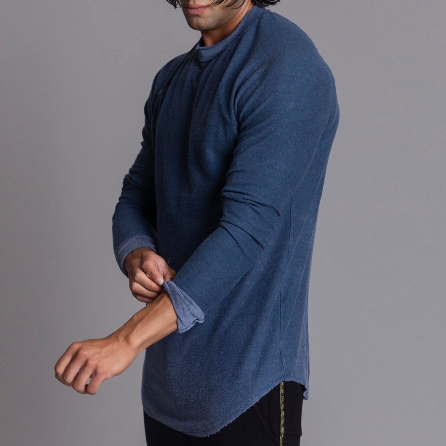 Male modeling mineral wash long sleeve raglan