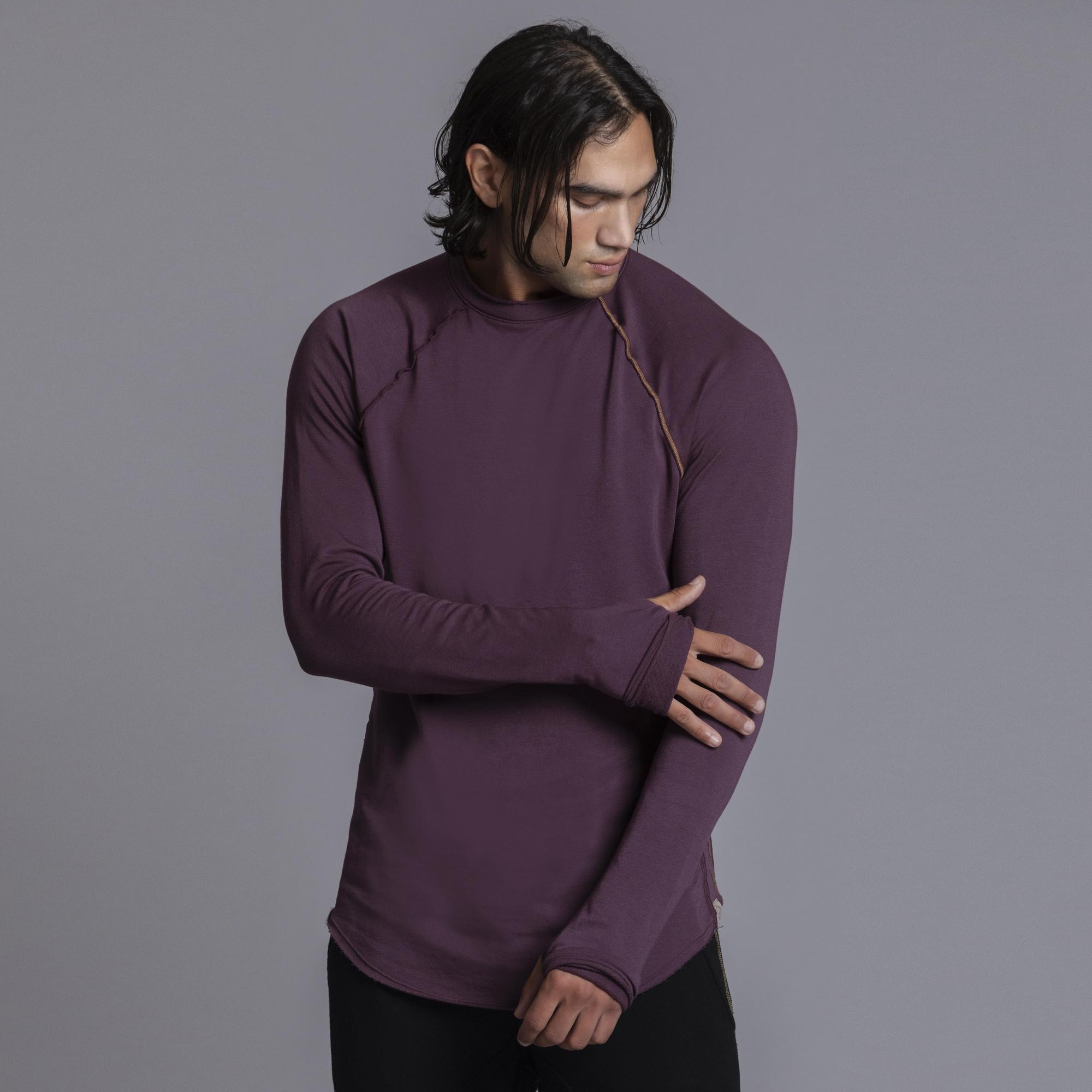 Male modeling purple long sleeve raglan