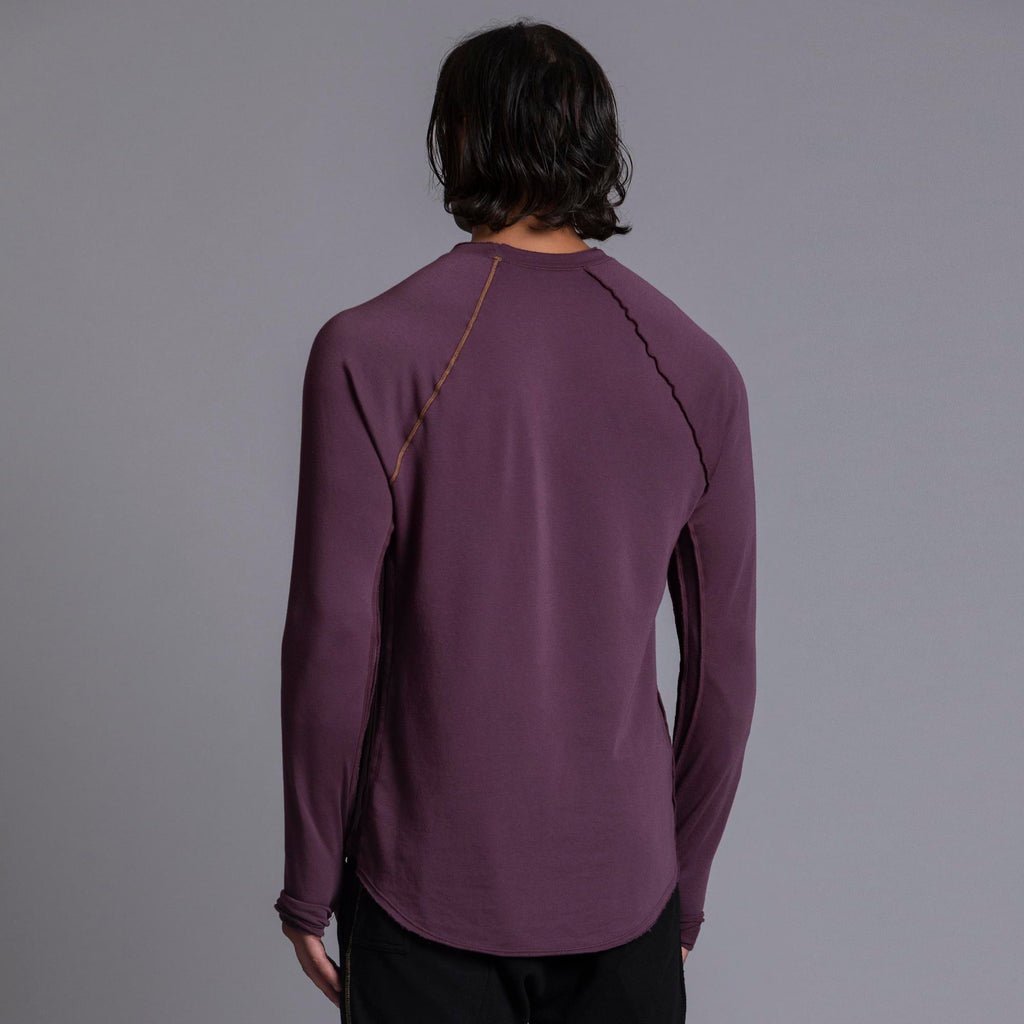 Male modeling purple long sleeve raglan
