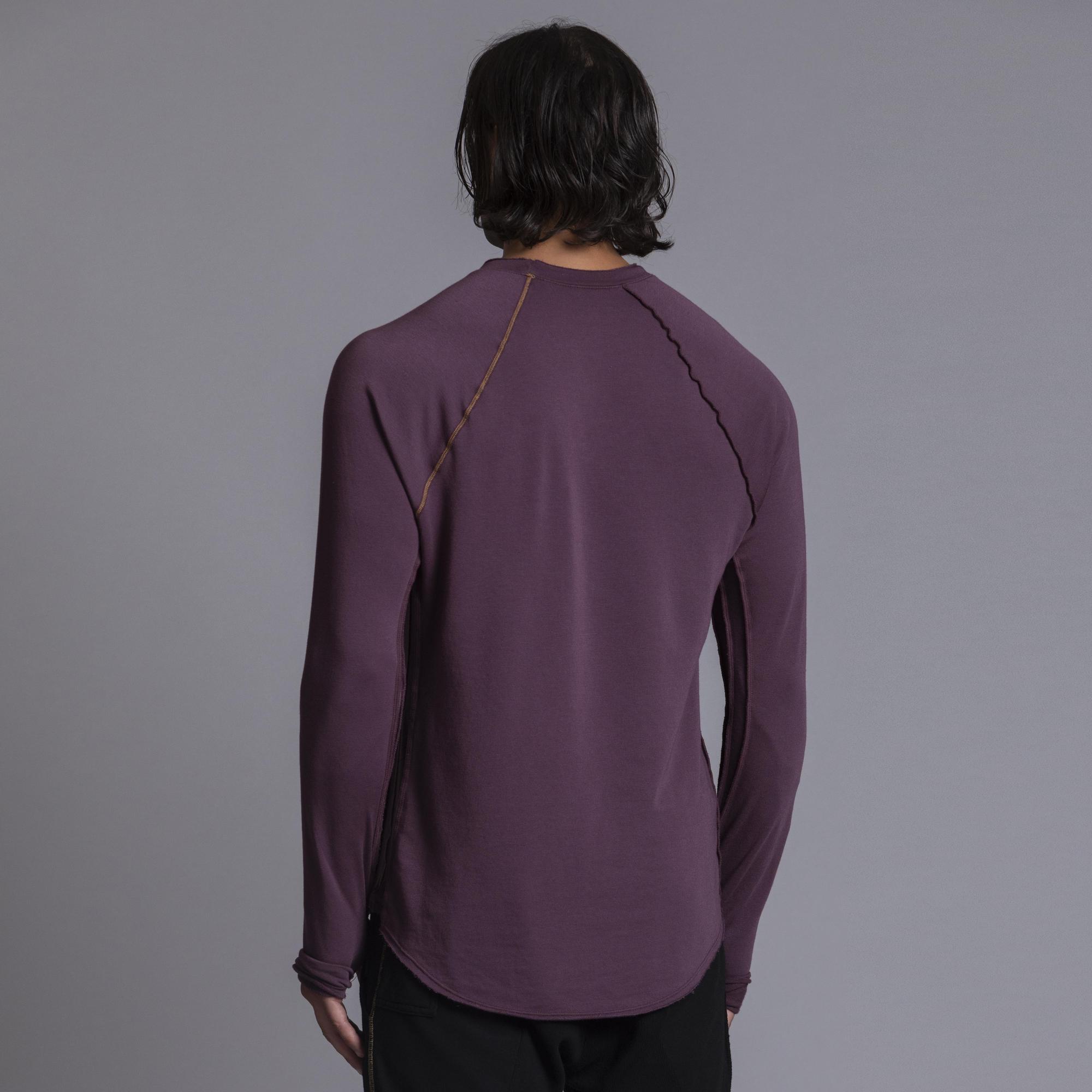 Male modeling purple long sleeve raglan