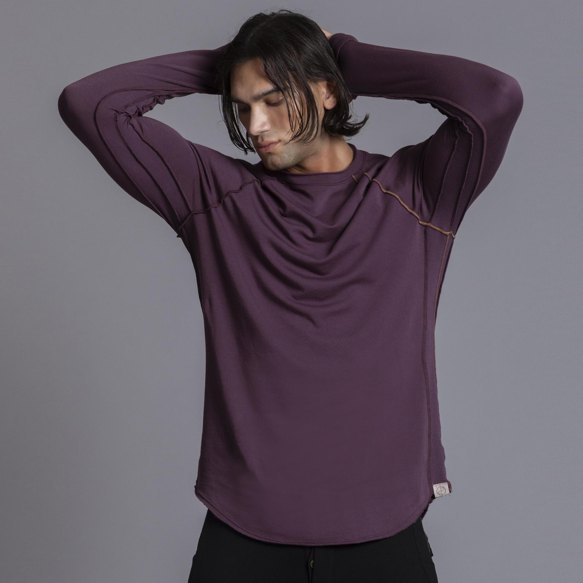 Male modeling purple long sleeve raglan