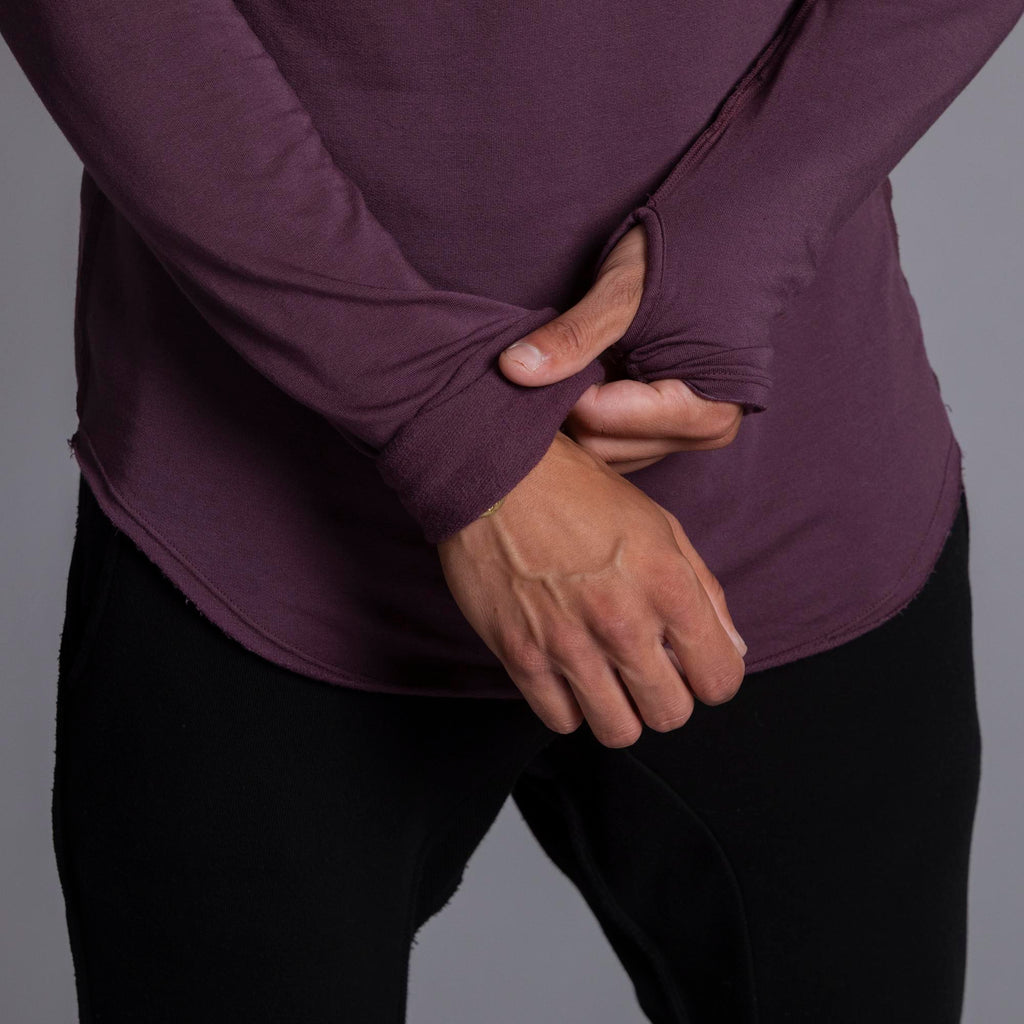 Male modeling purple long sleeve raglan