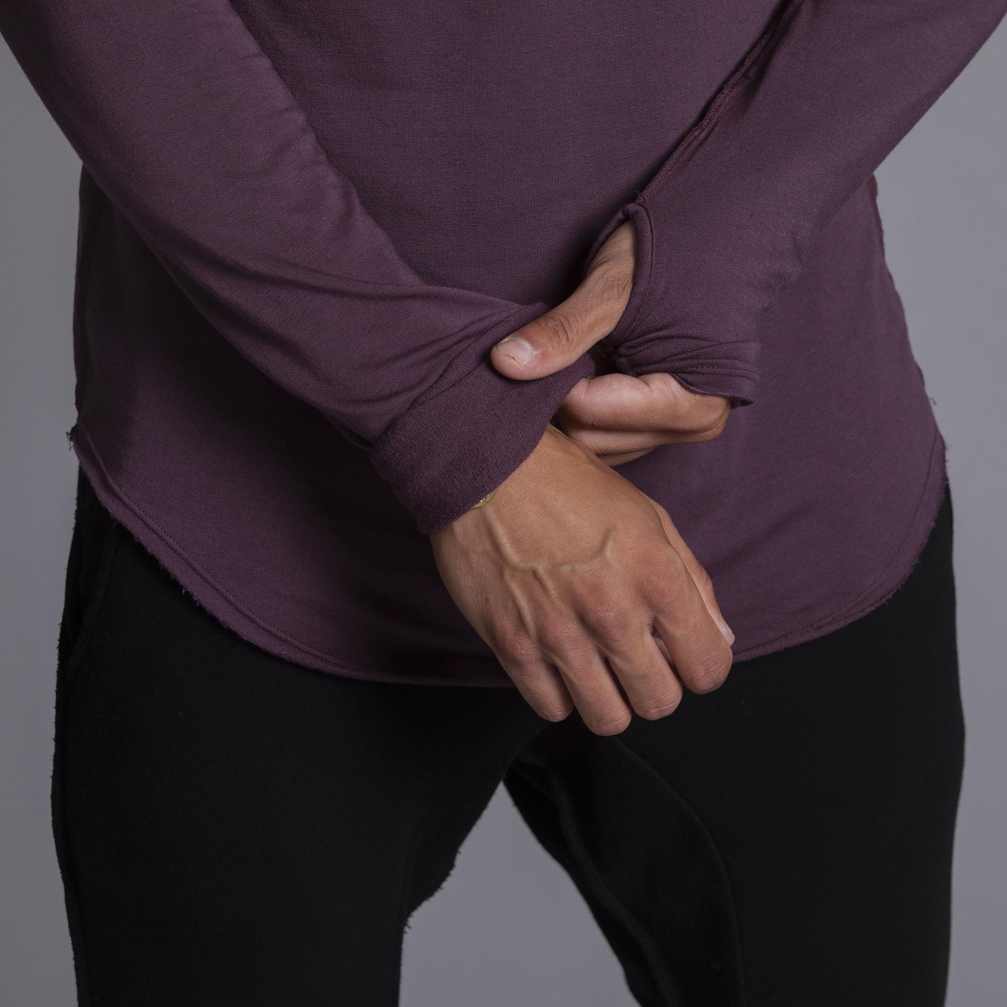 Male modeling purple long sleeve raglan