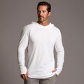Man modeling white long-sleeve hooded tee