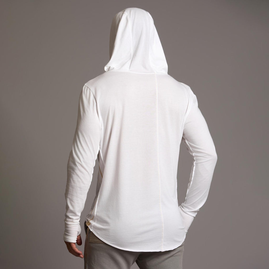 Man modeling white long-sleeve hooded tee