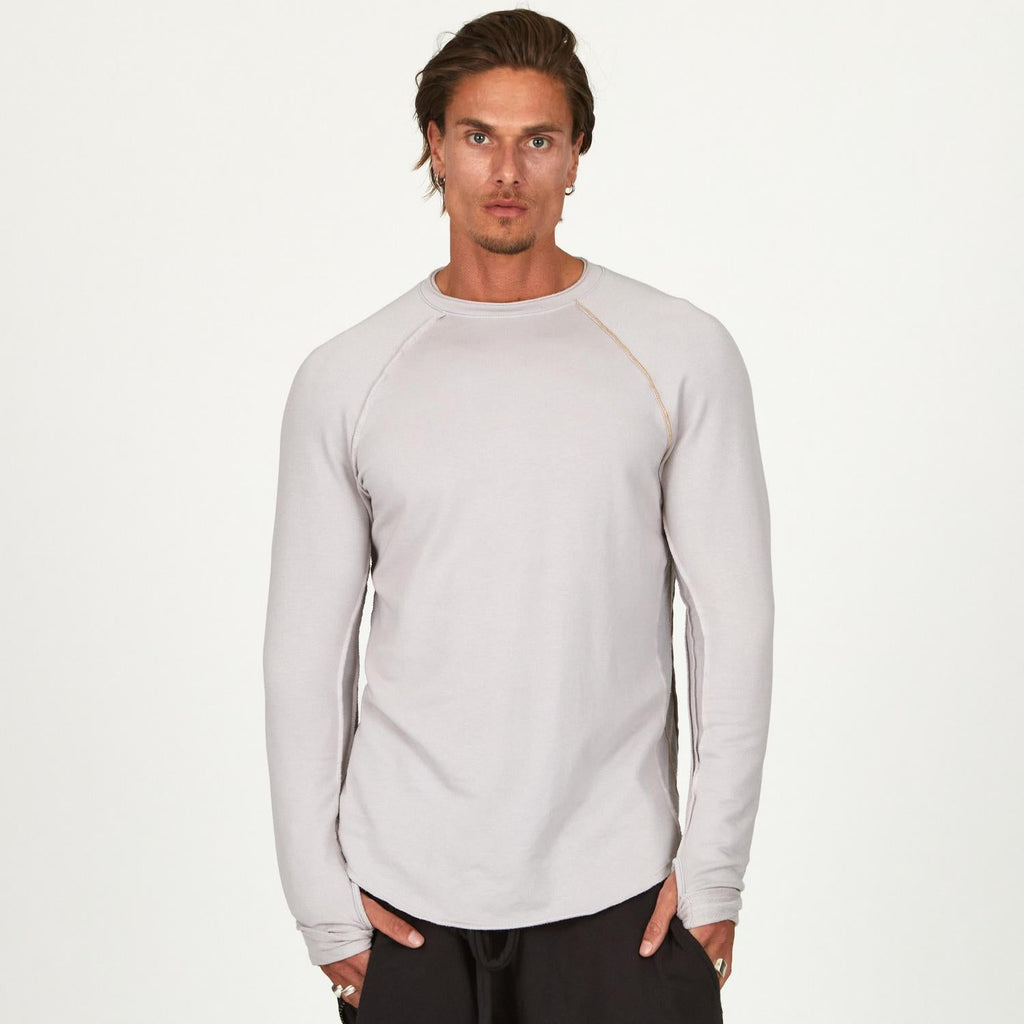 Male modeling silver long sleeve raglan