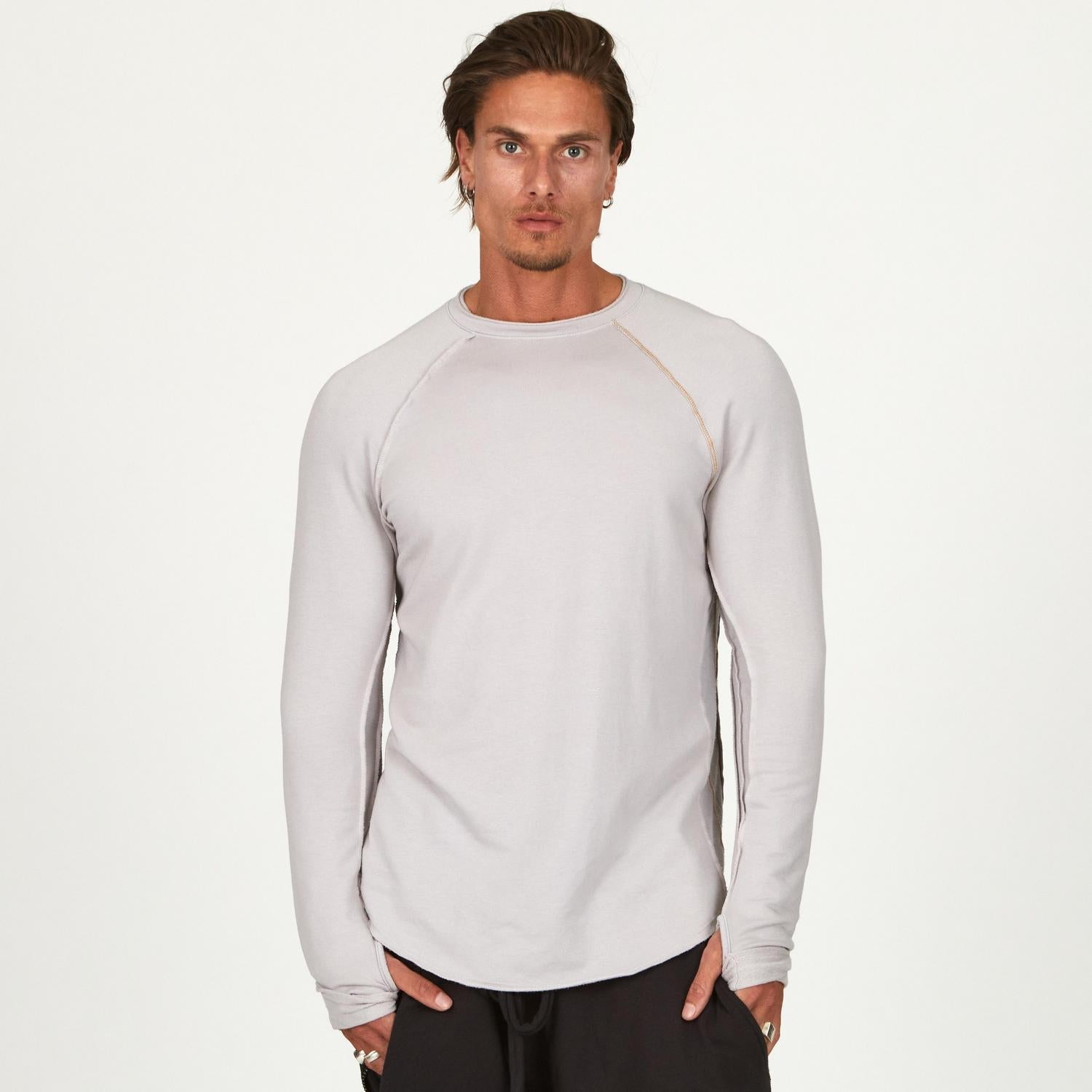 Male modeling silver long sleeve raglan