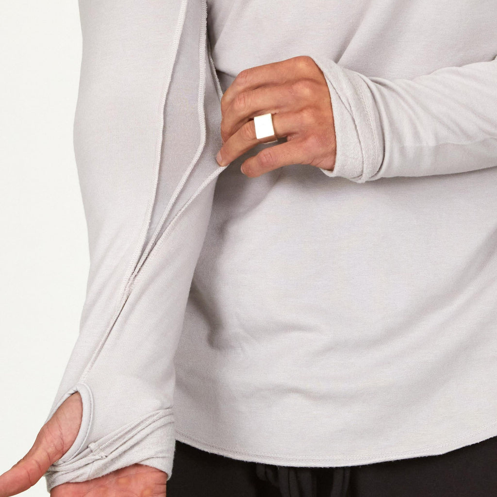 Male modeling silver long sleeve raglan