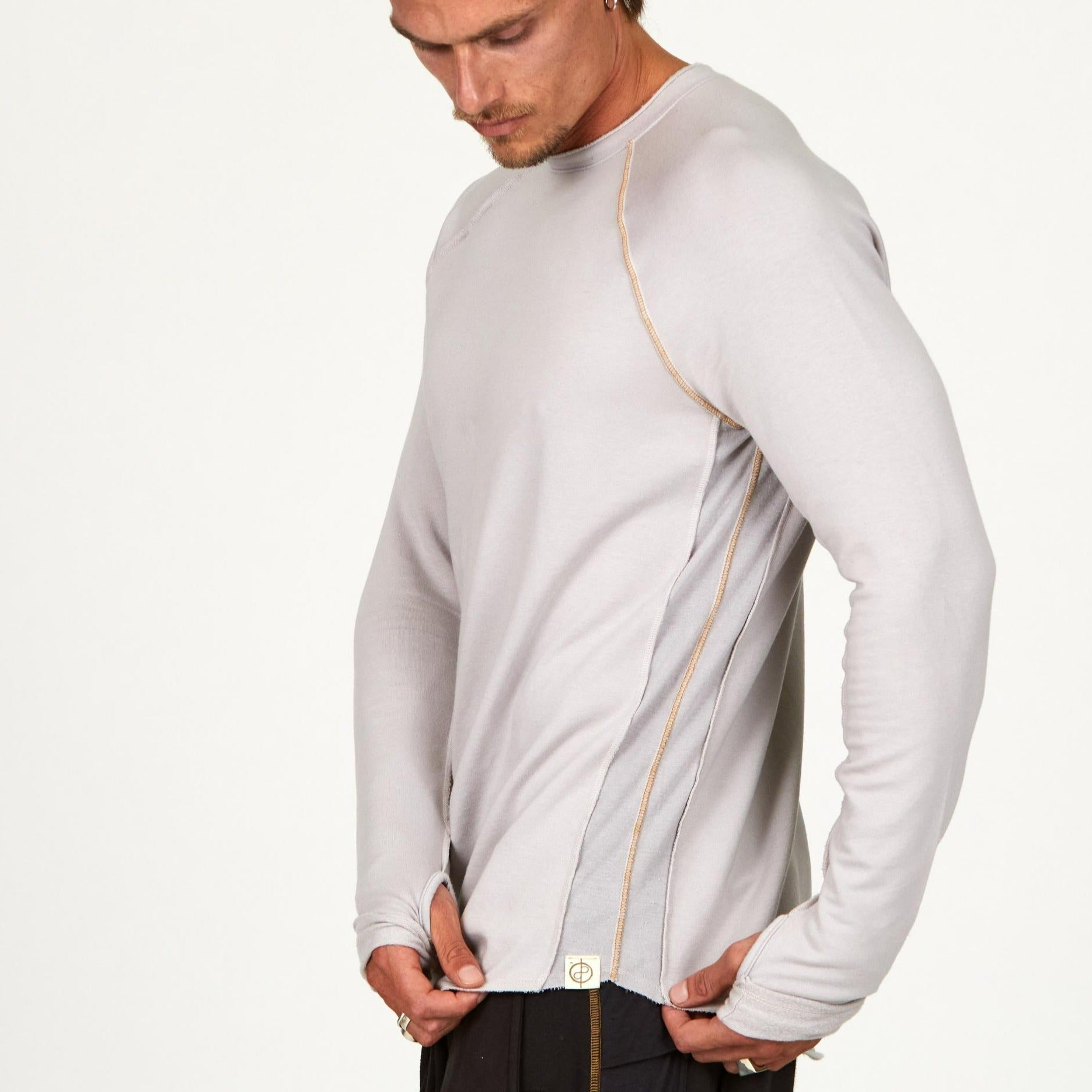 Male modeling silver long sleeve raglan
