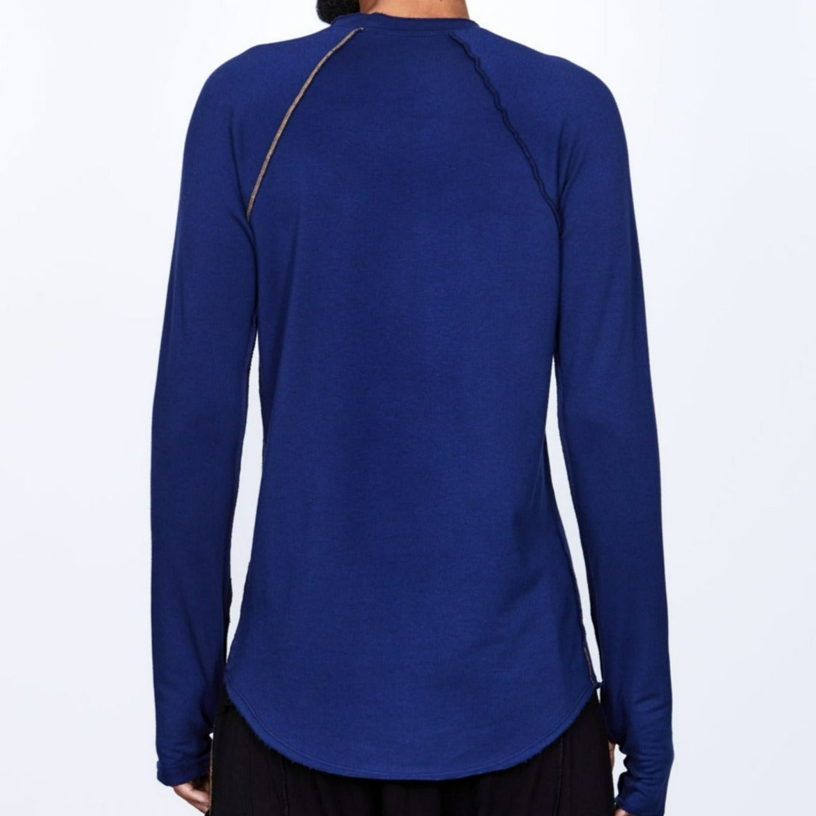 Male modeling dark blue long sleeve raglan