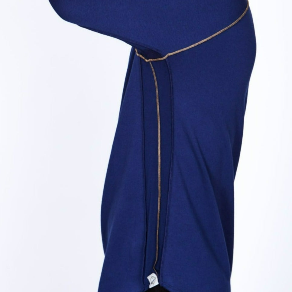 Male modeling dark blue long sleeve raglan