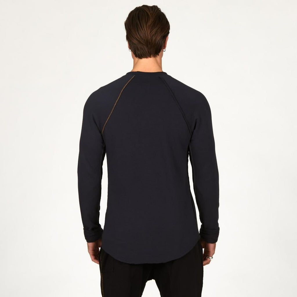 Male modeling black long sleeve raglan