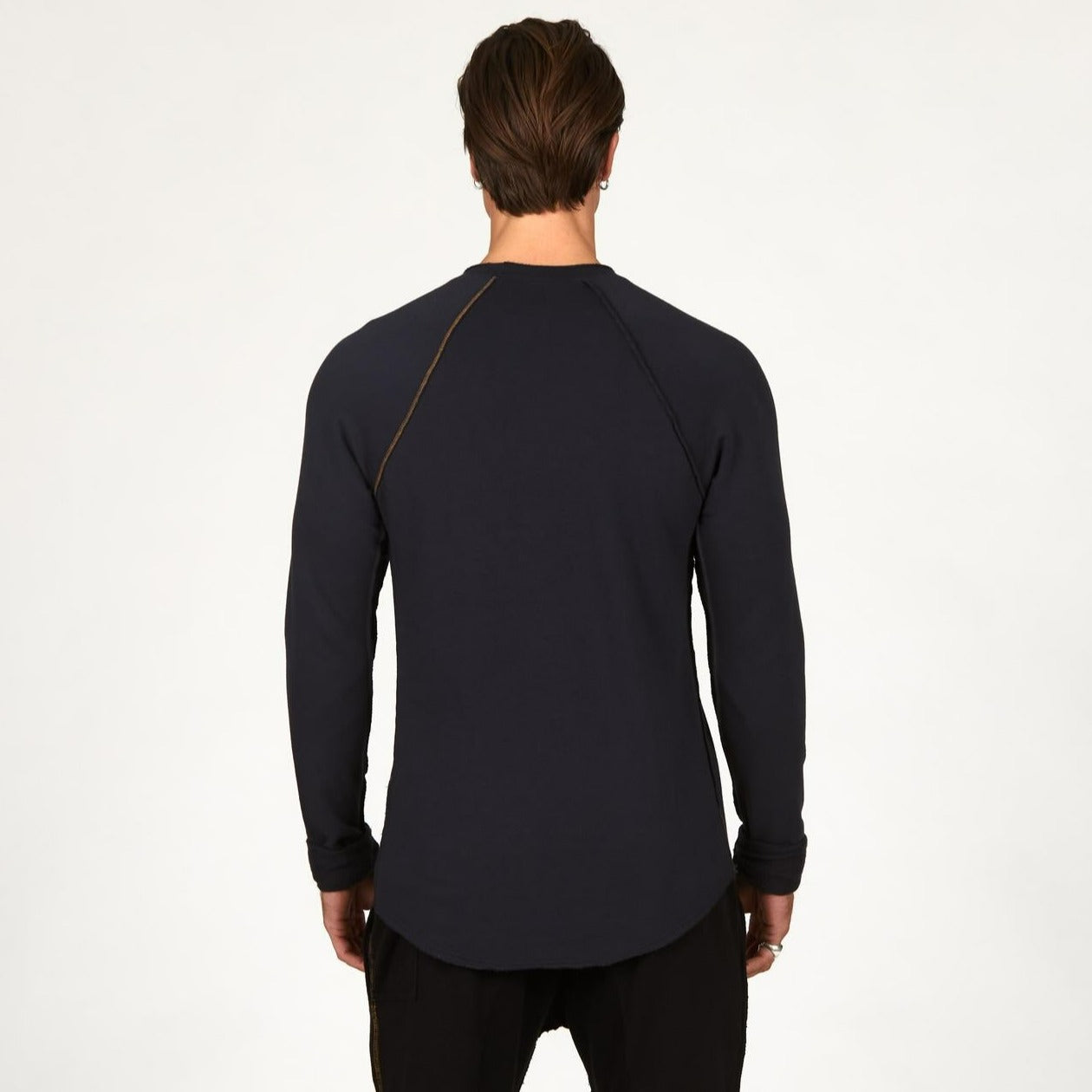 Male modeling black long sleeve raglan