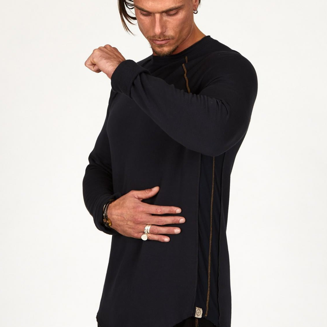 Male modeling black long sleeve raglan