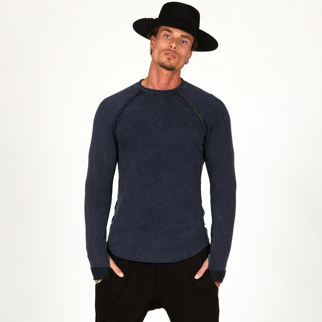 Male modeling dark blue long sleeve raglan