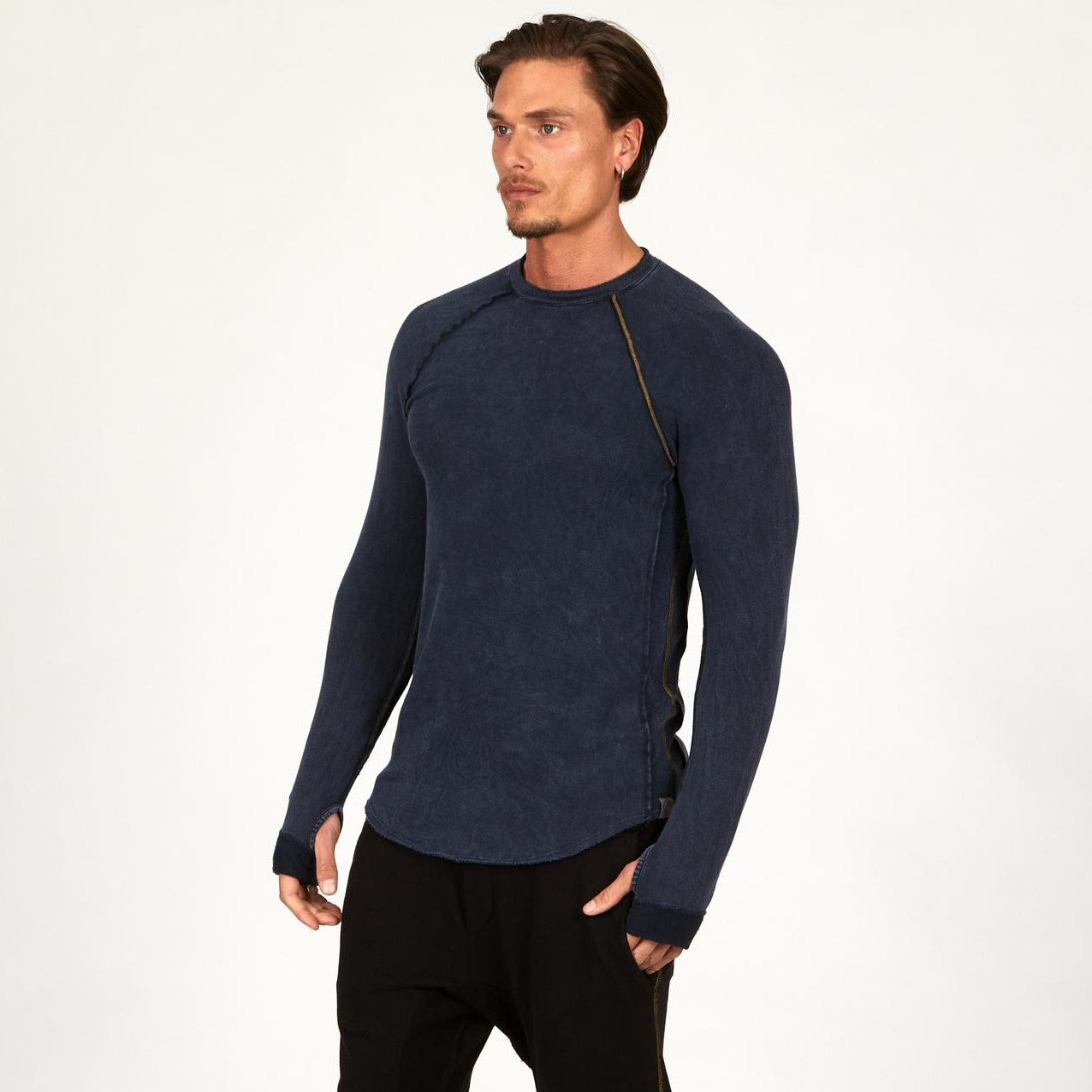 Male modeling dark blue long sleeve raglan