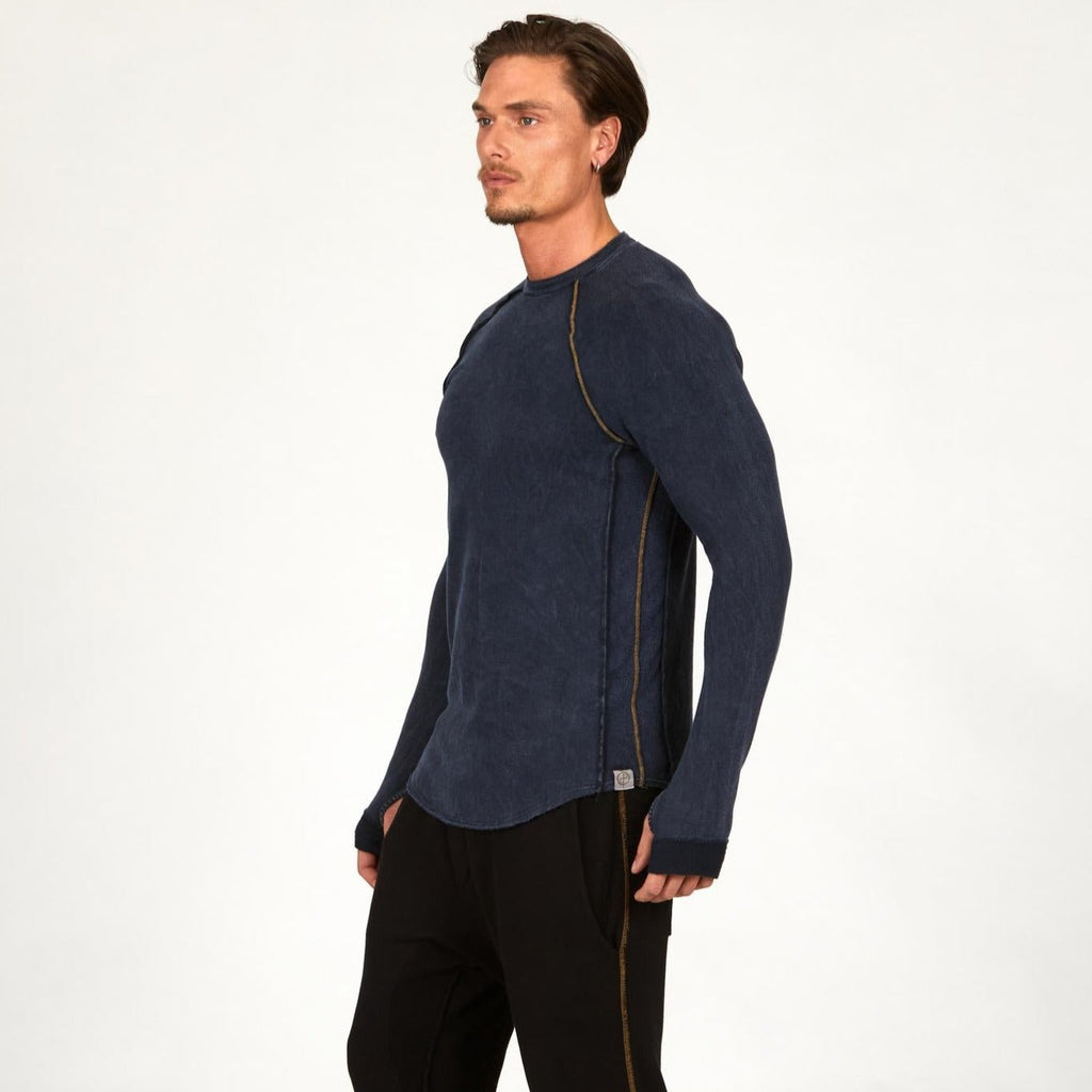Male modeling dark blue long sleeve raglan