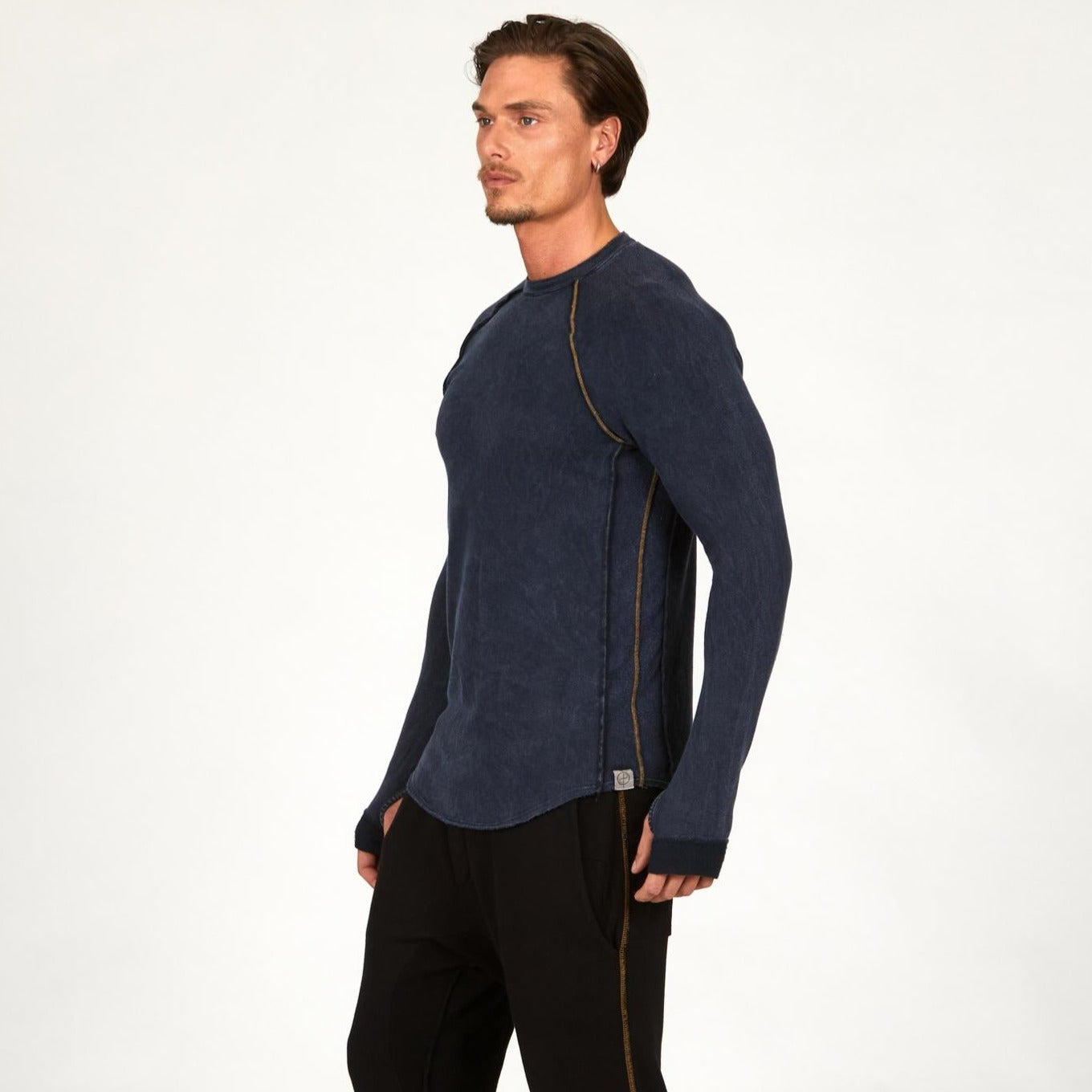Male modeling dark blue long sleeve raglan