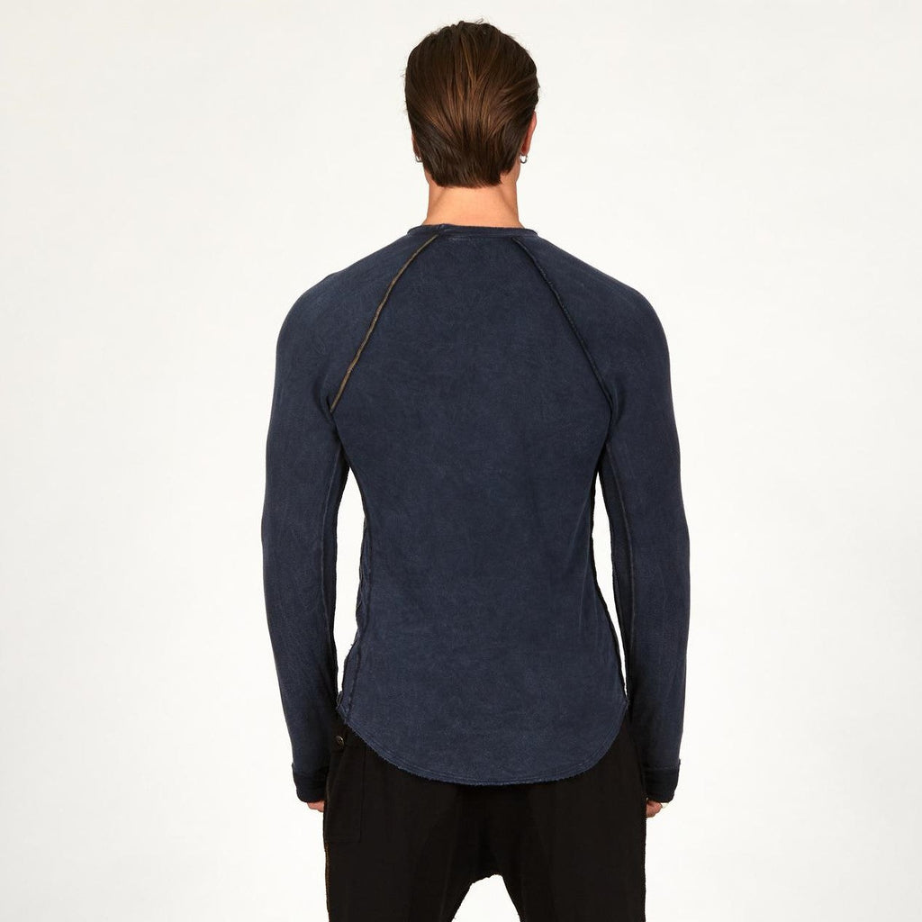 Male modeling dark blue long sleeve raglan