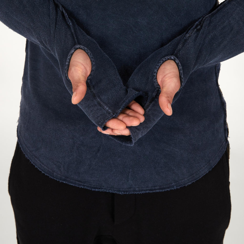 Male modeling dark blue long sleeve raglan