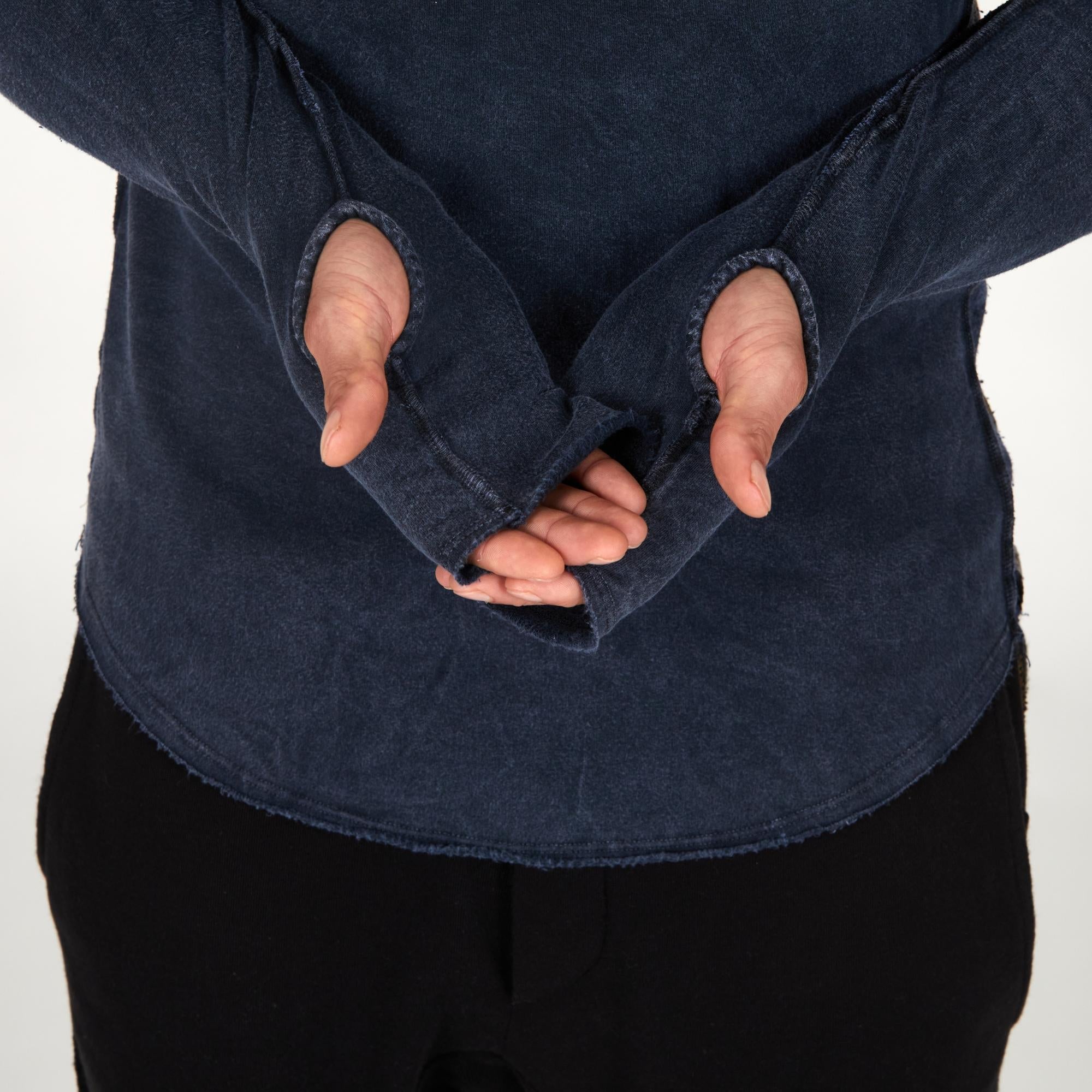Male modeling dark blue long sleeve raglan
