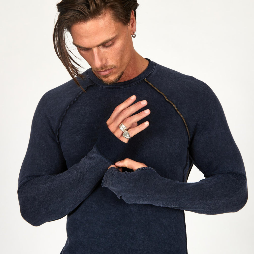 Male modeling dark blue long sleeve raglan