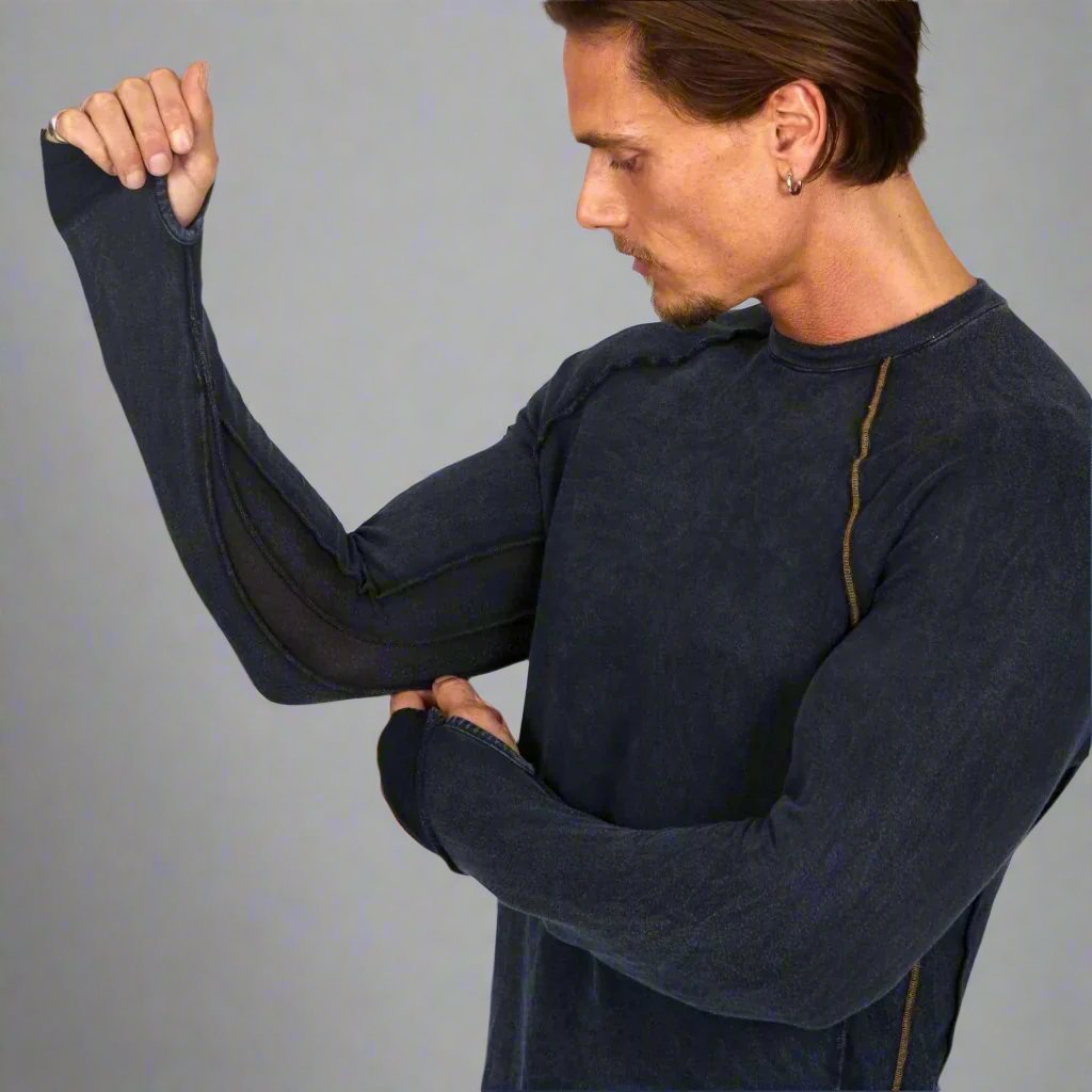 Male modeling dark blue long sleeve raglan