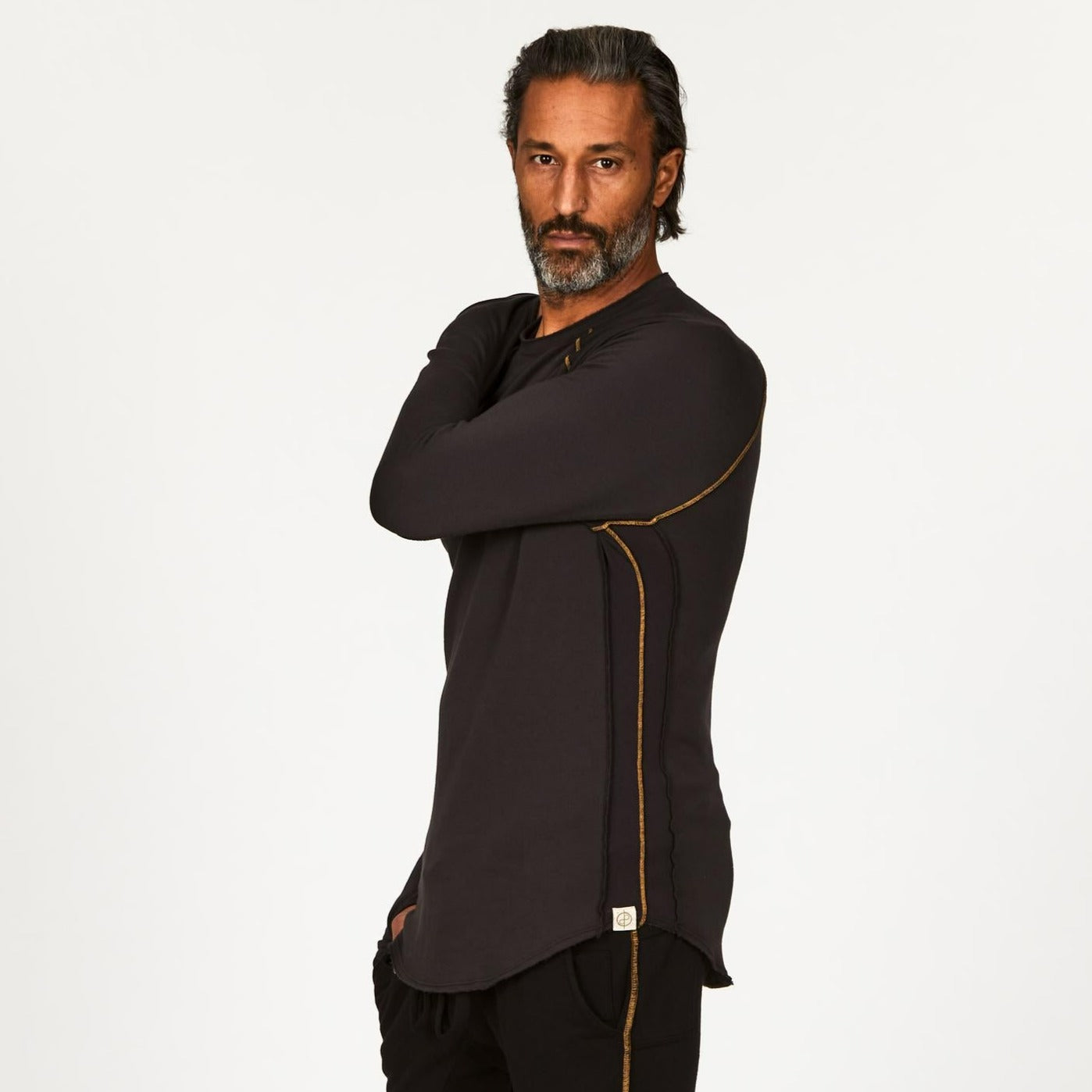 Male modeling dark long sleeve raglan