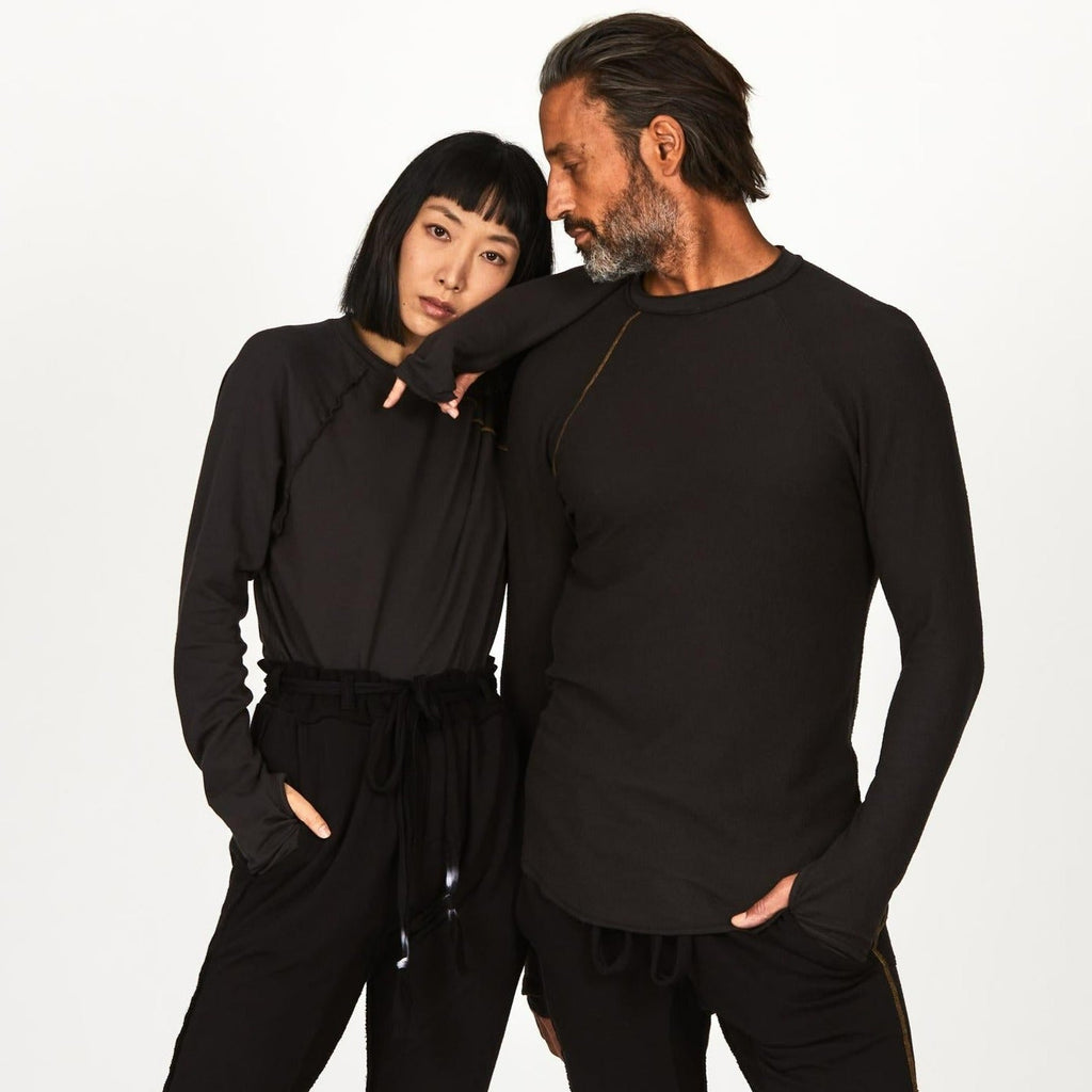 two models modeling dark long sleeve raglan
