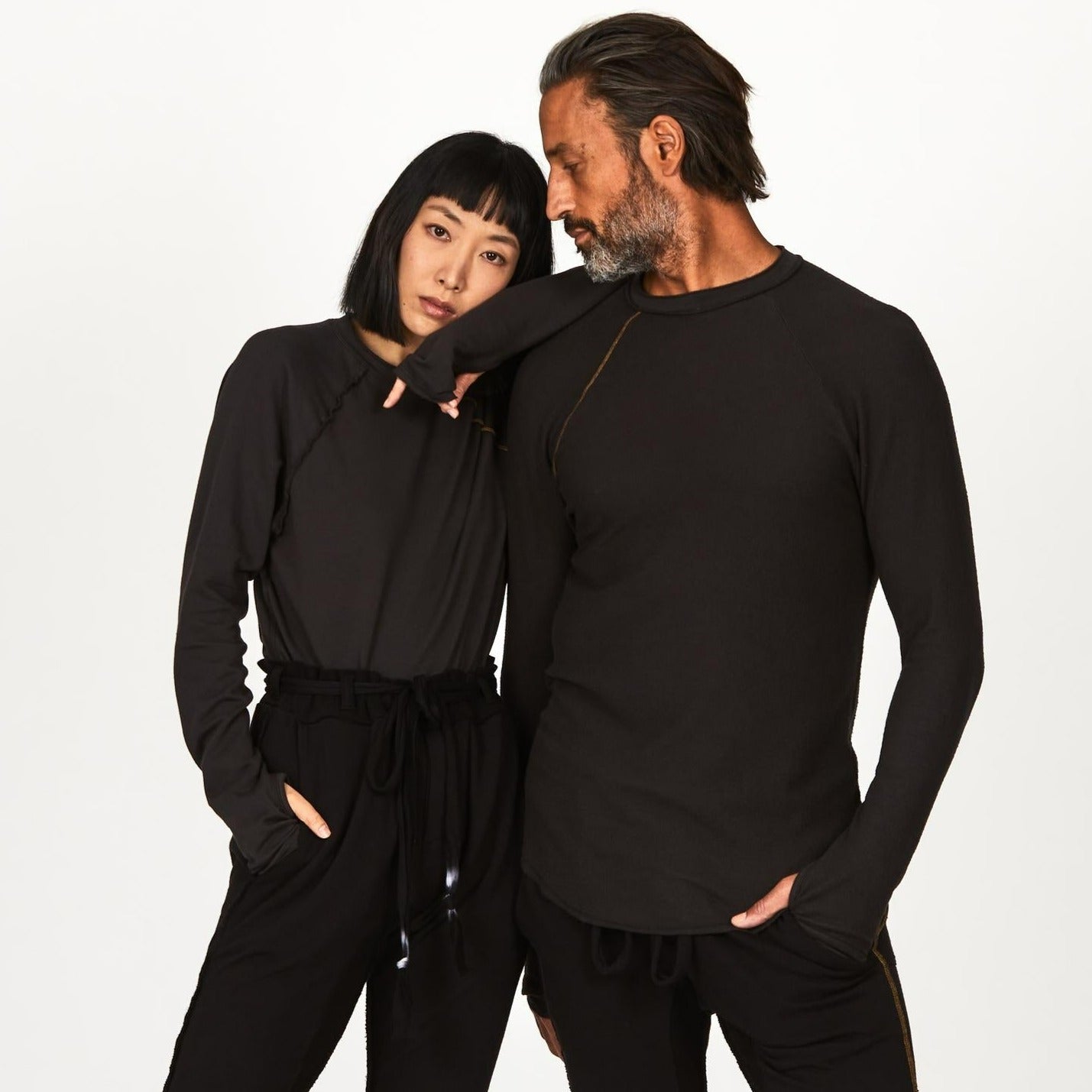 two models modeling dark long sleeve raglan