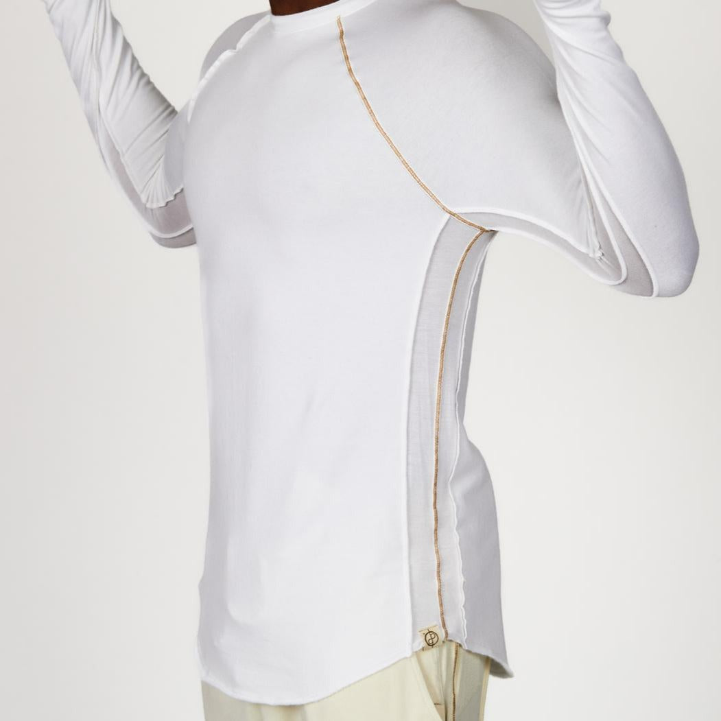Male modeling white long sleeve raglan