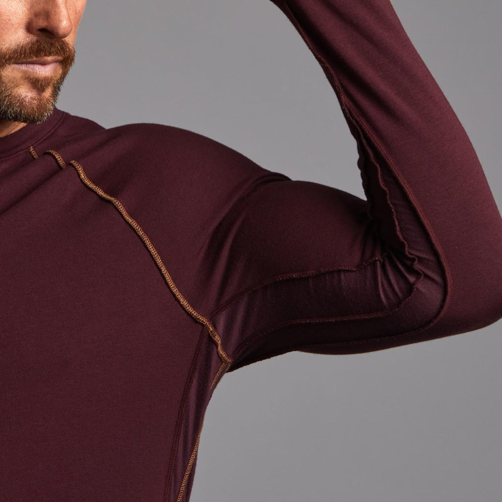 Male modeling red long sleeve raglan