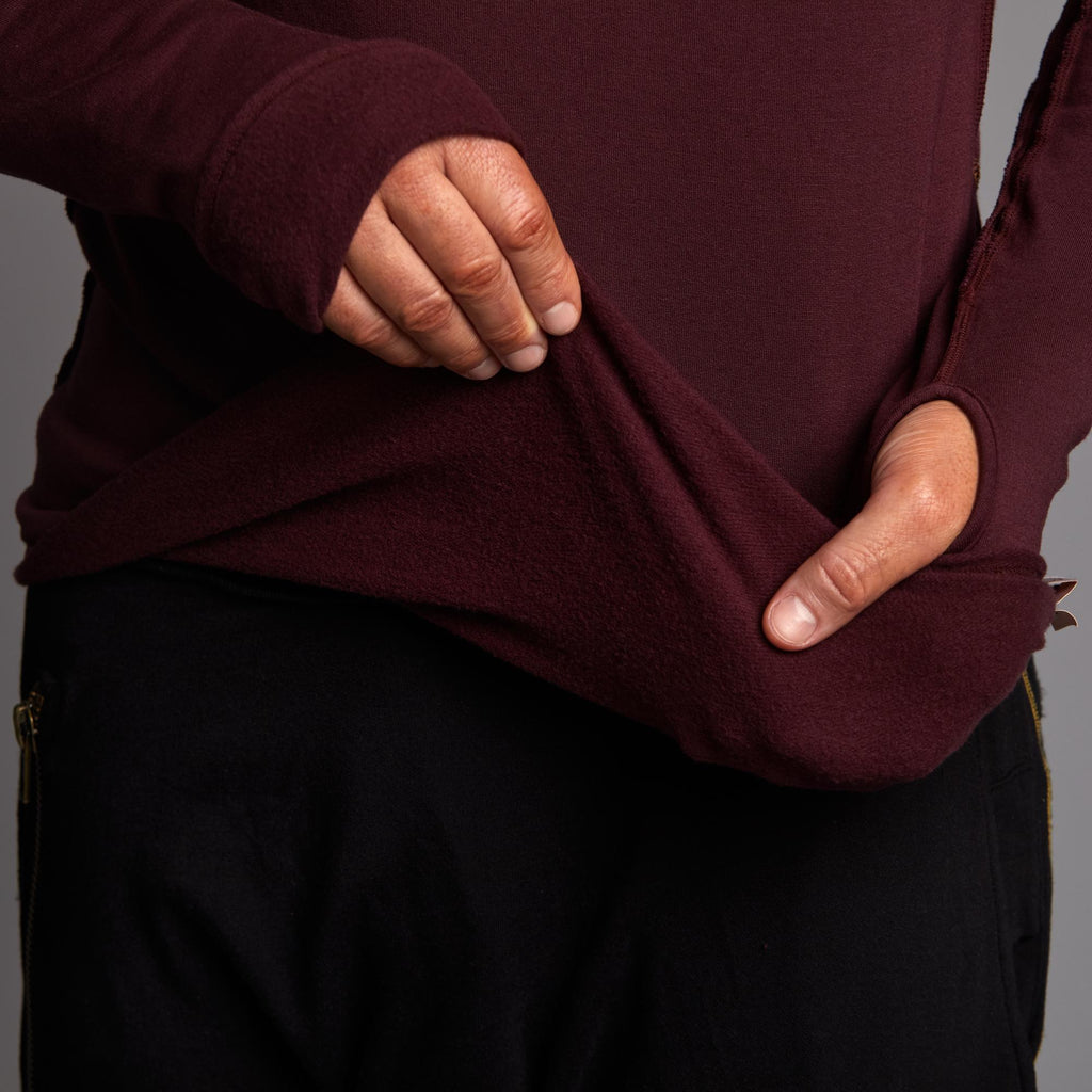 Male modeling red long sleeve raglan