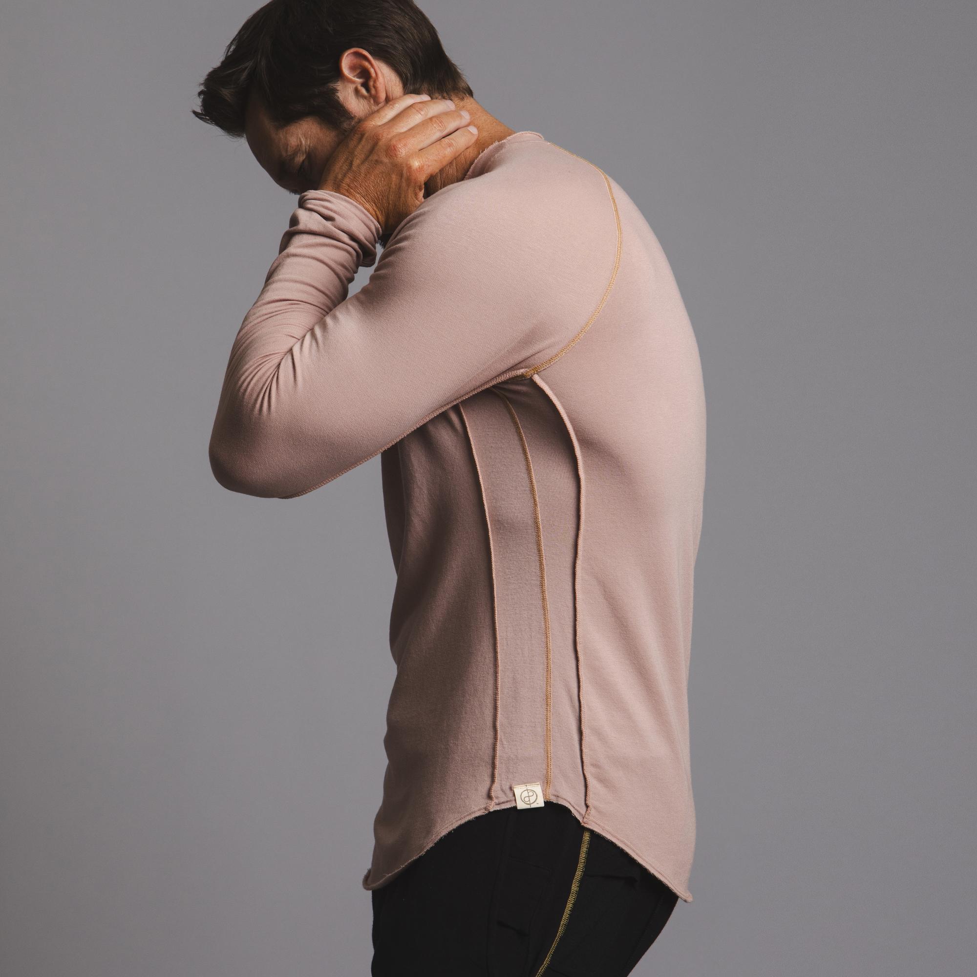 Male modeling pink long sleeve raglan