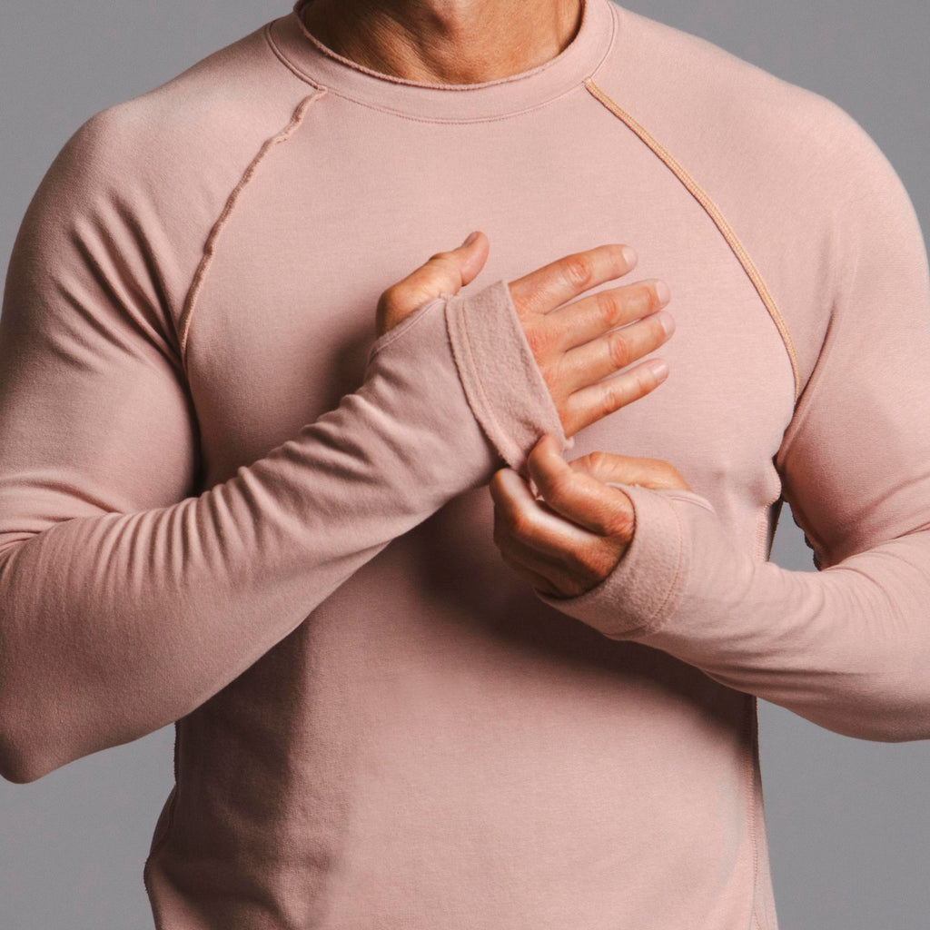 Male modeling pink long sleeve raglan