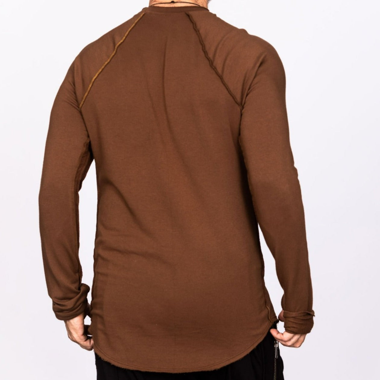 Male modeling brown long sleeve raglan